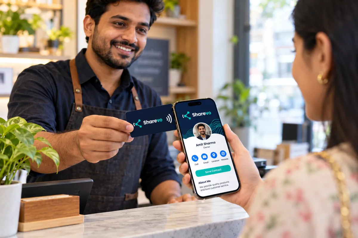 A shop owner shares a Sharevo digital card by tapping an NFC card on a customer's phone