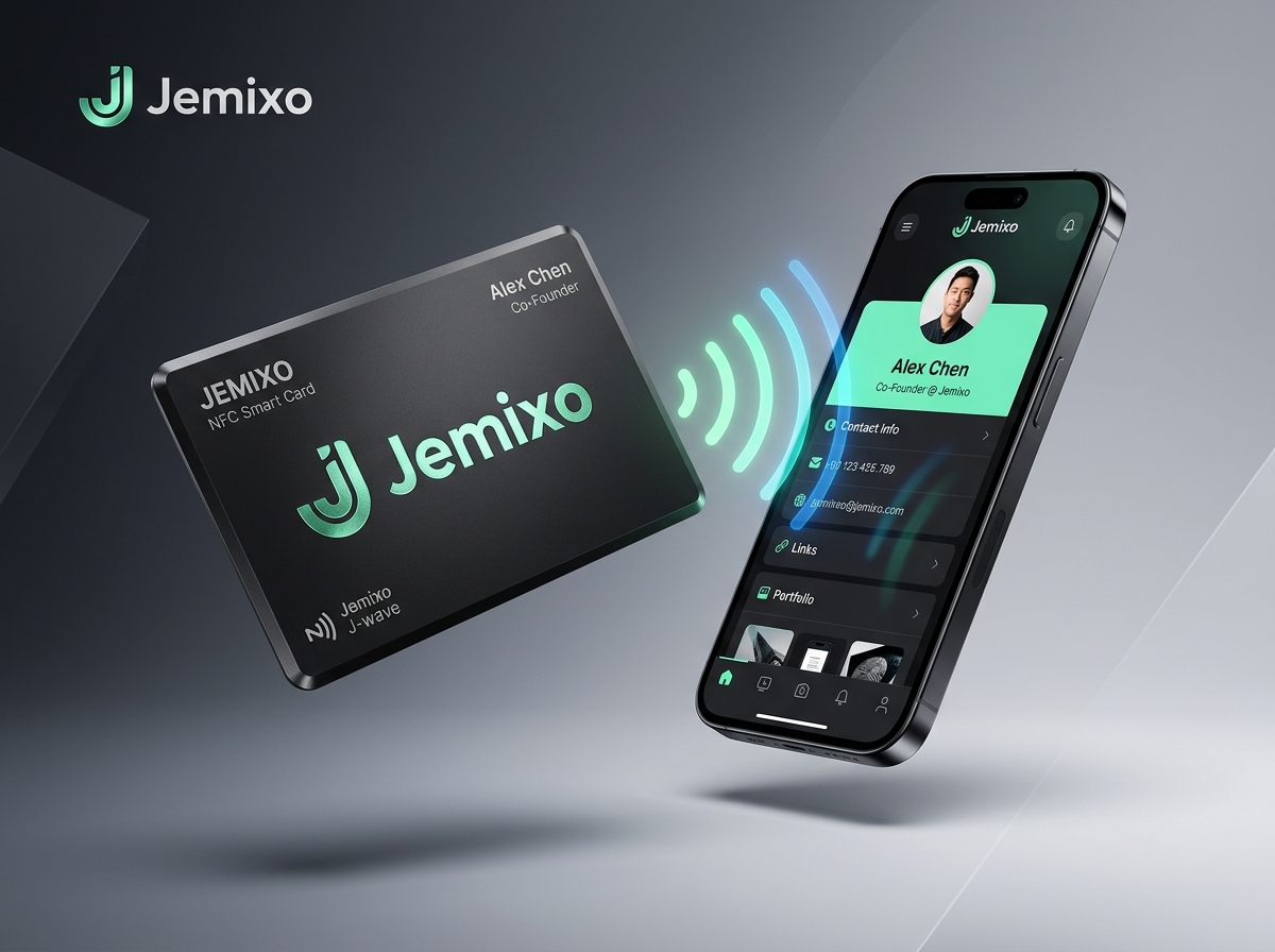 Jemixo NFC smart card tapping a phone that shows a digital business card
